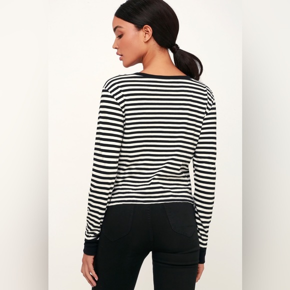 Amuse Society Honey Striped Long Sleeve Cropped Top Shirt Black Off White Large - Picture 4 of 16